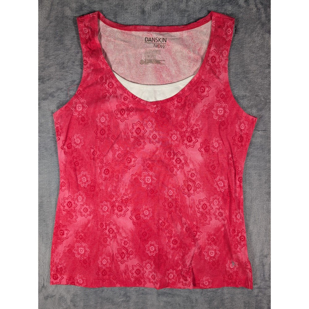 Danskin Now Womens Pink Flora Active Tank Top Stone Wash Floral Stretch XL 16/18
